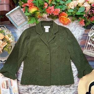 Vintage Miss Dorby Green Vegan Suede 3/4 Sleeve Floral Embroidered Button Up, 10